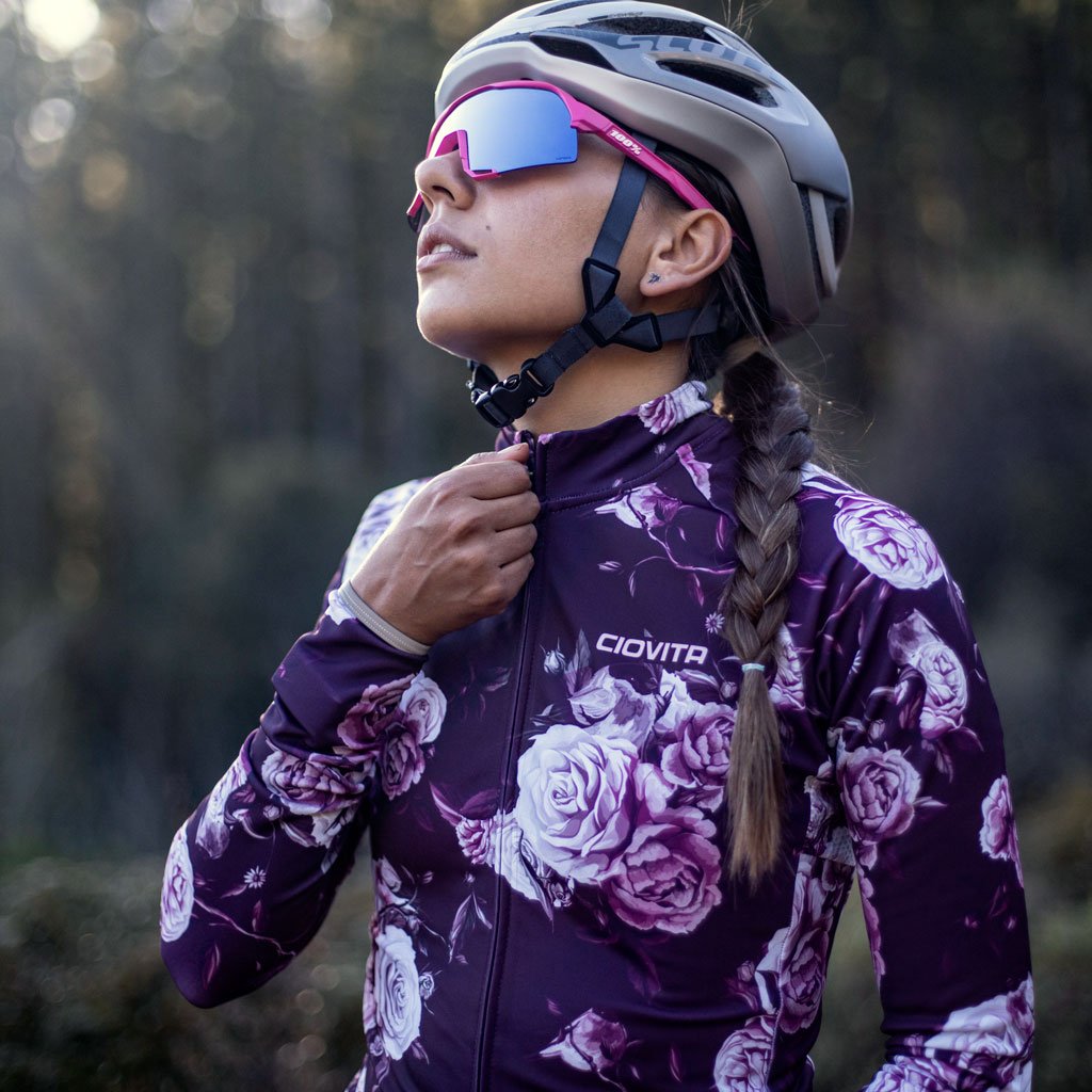 ladies lava cycling jacket with botanical print