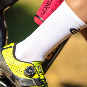 white cycling socks with black ciovita c device logo