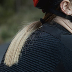 black ventilation on the back of black cycling jacket